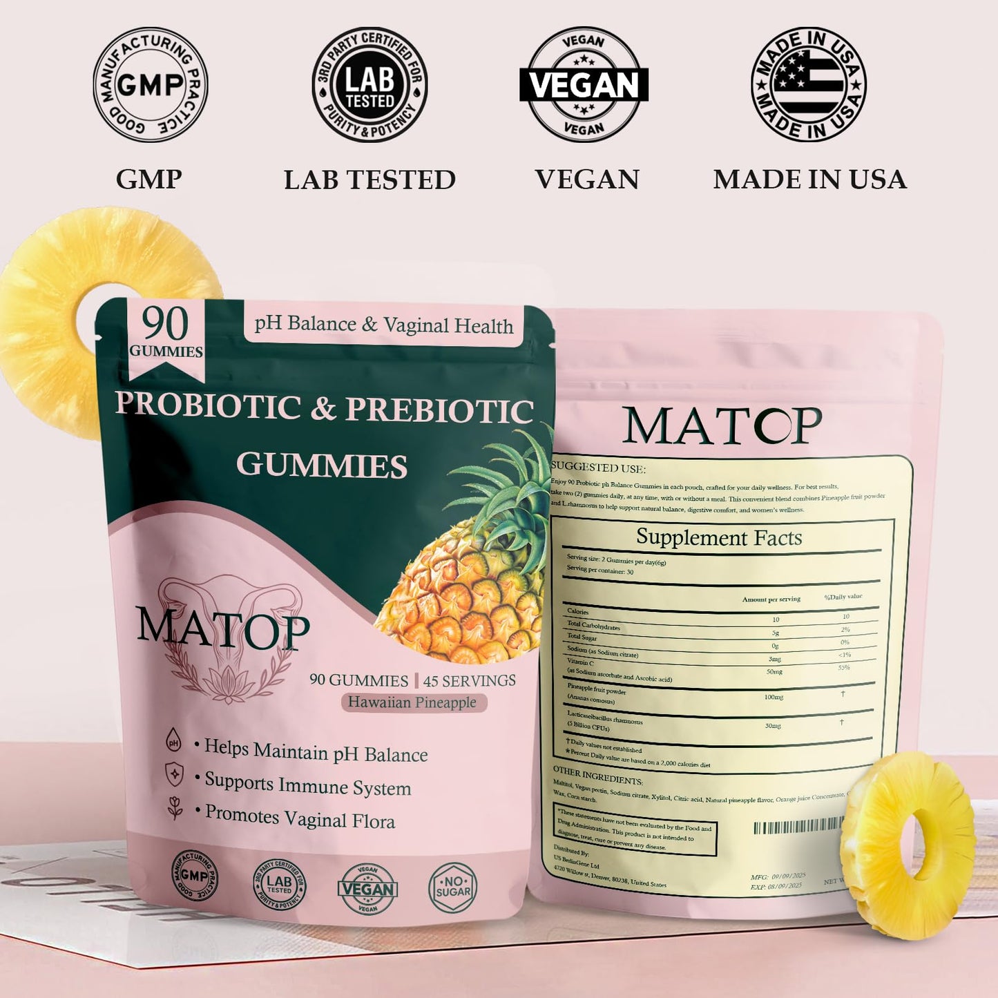 MATOP Probiotic Prebiotic pH Balance for Vaginal Health 90 Gummies