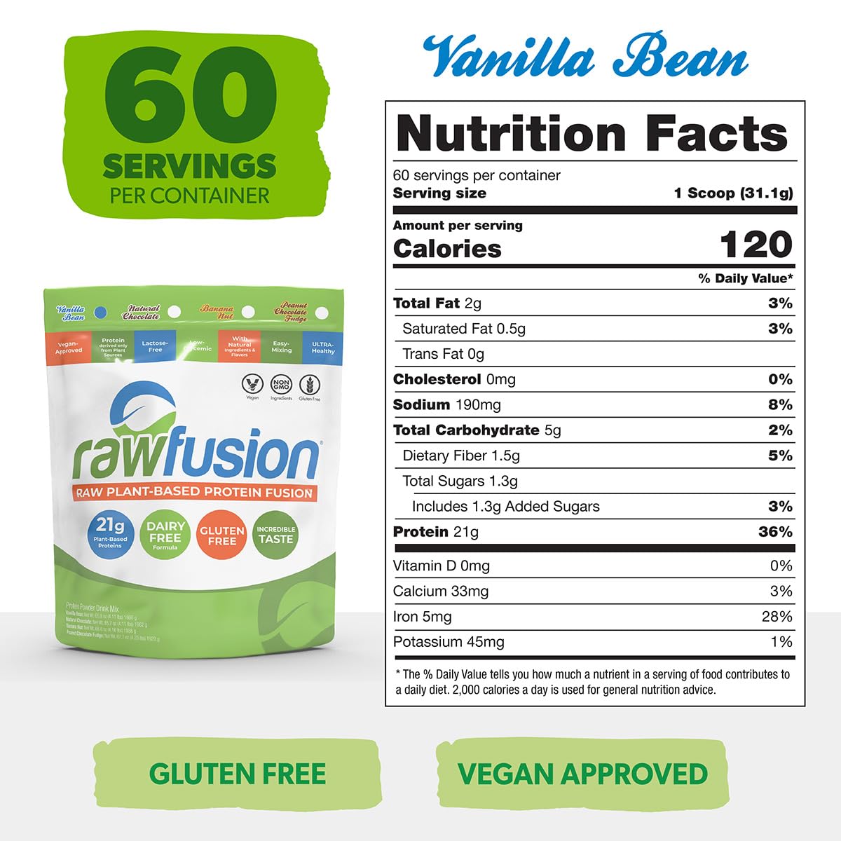 SAN Rawfusion Vegan Protein Powder Vanilla Bean, 4.08 lb, 60 Servings
