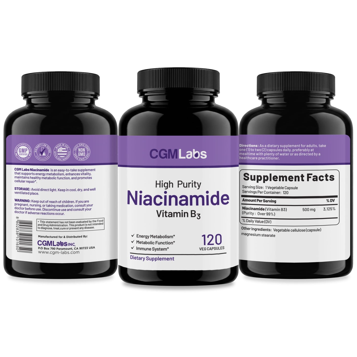 CGMLABS Niacinamide 500mg Capsules (Vitamin B3), 120 Capsules