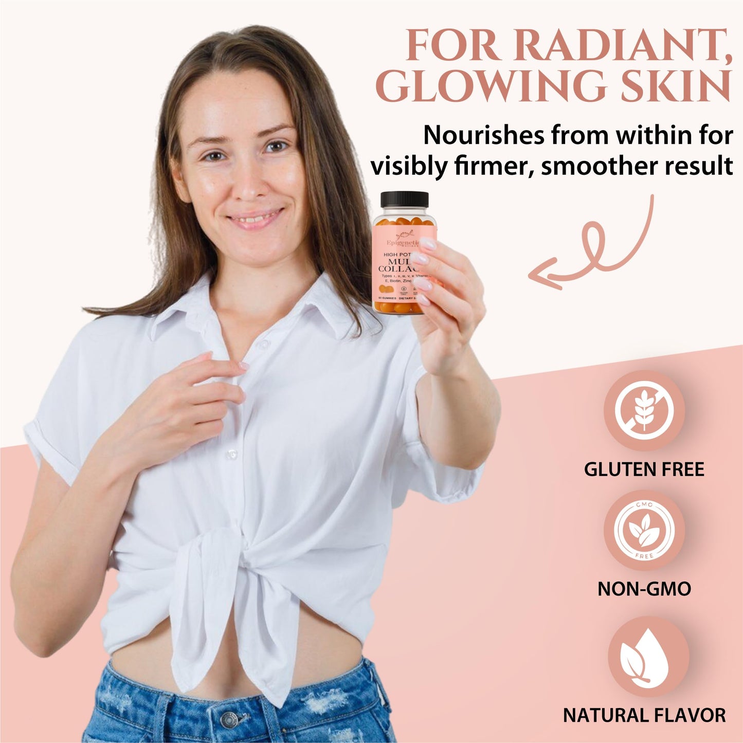 Epigenetic Wellness High Potency Multi Collagen Gummies with Types I, II, III, V and X, Vitamin C, E, Biotin and Zinc for Skin Elasticity, Joint Support, Hair and Nail Health — 60 Gummies
