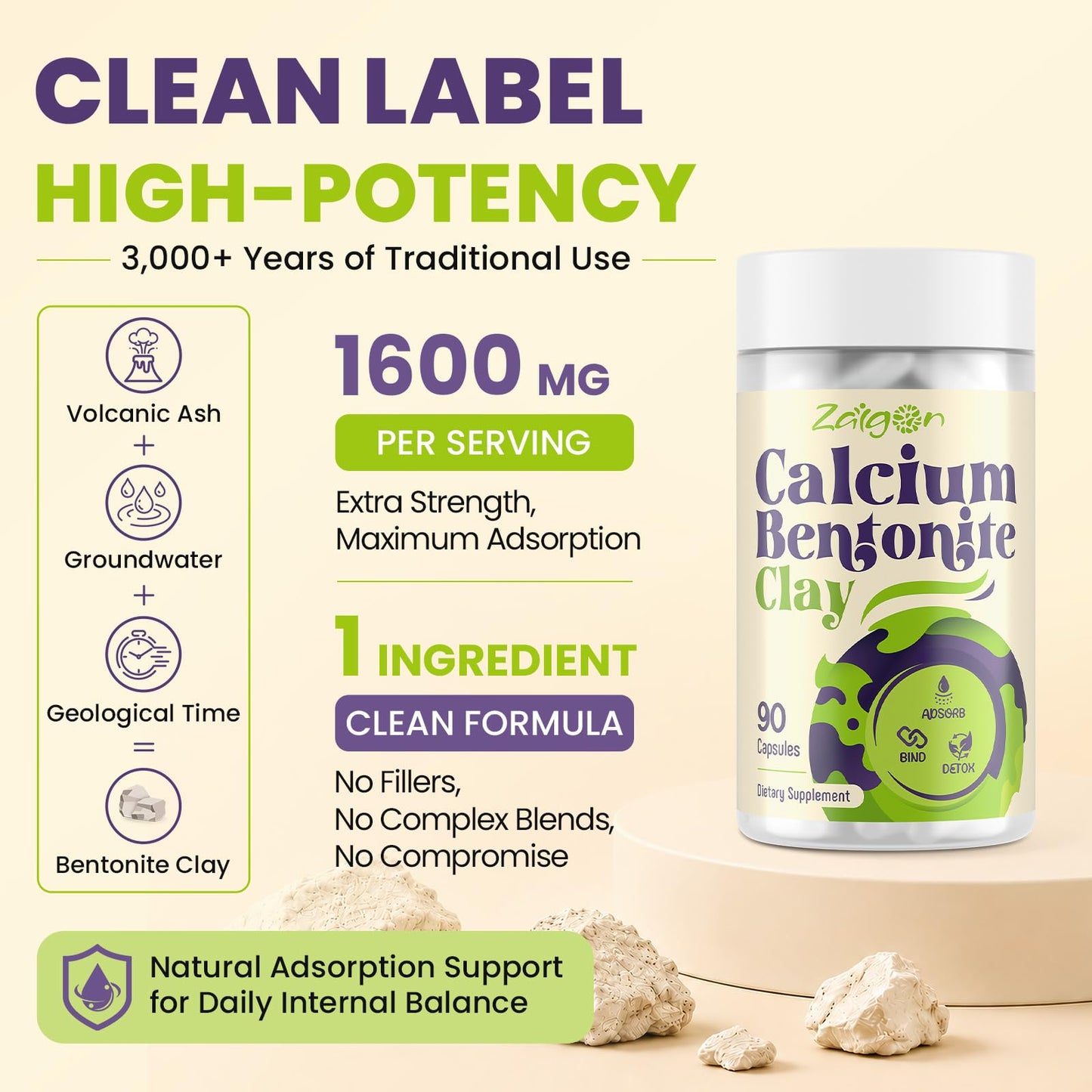 Zalgon Calcium Bentonite Clay Detox 90 Capsules