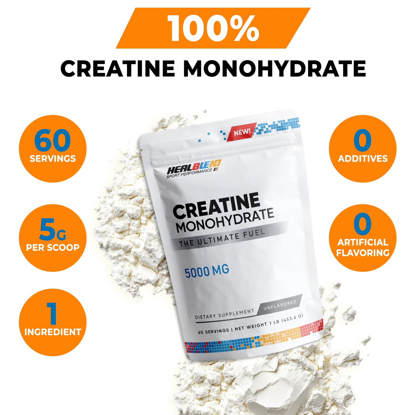 healblend Creatine Monohydrate Powder 5000mg, 60 Servings