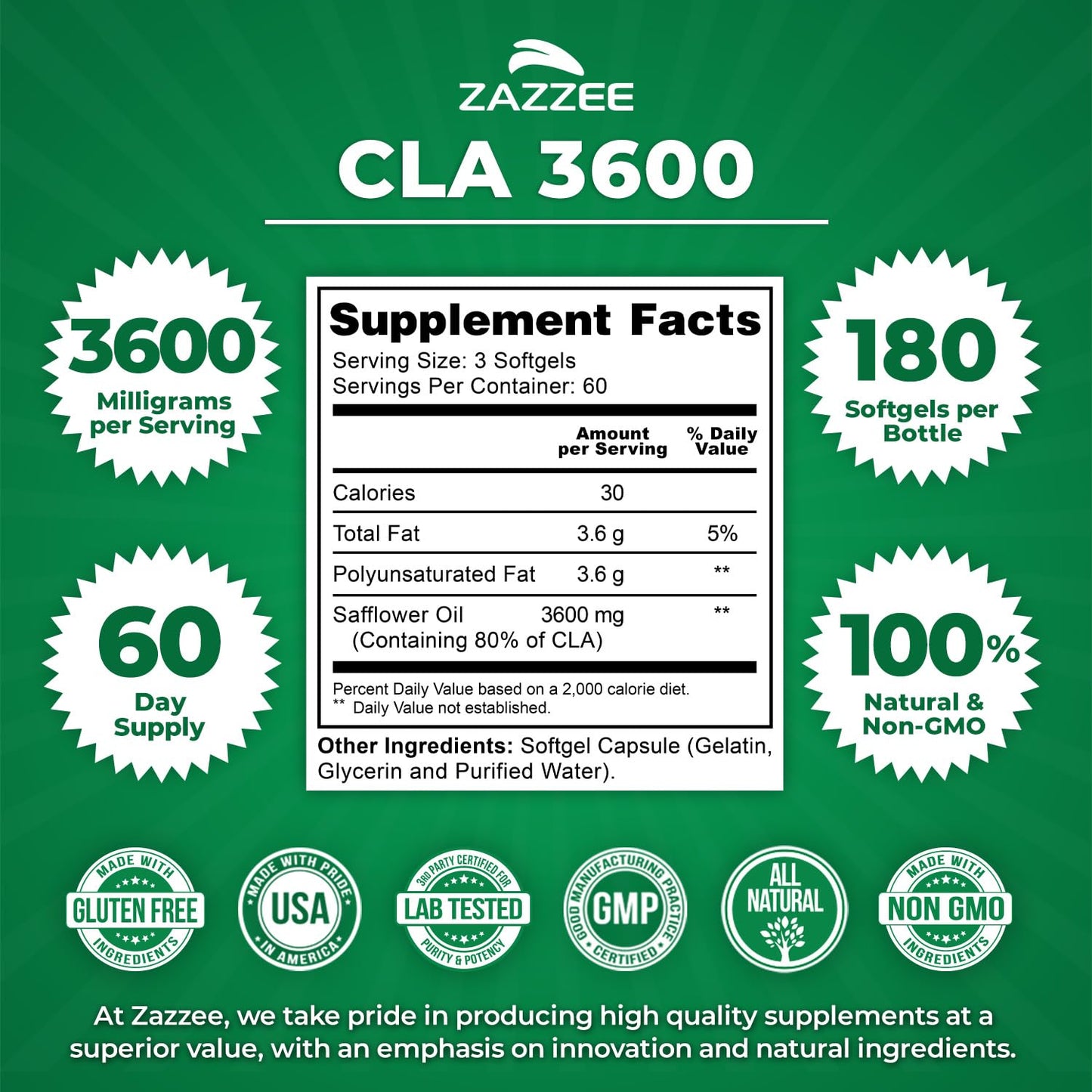 Zazzee High Potency CLA 3600 Softgels, 180 Count