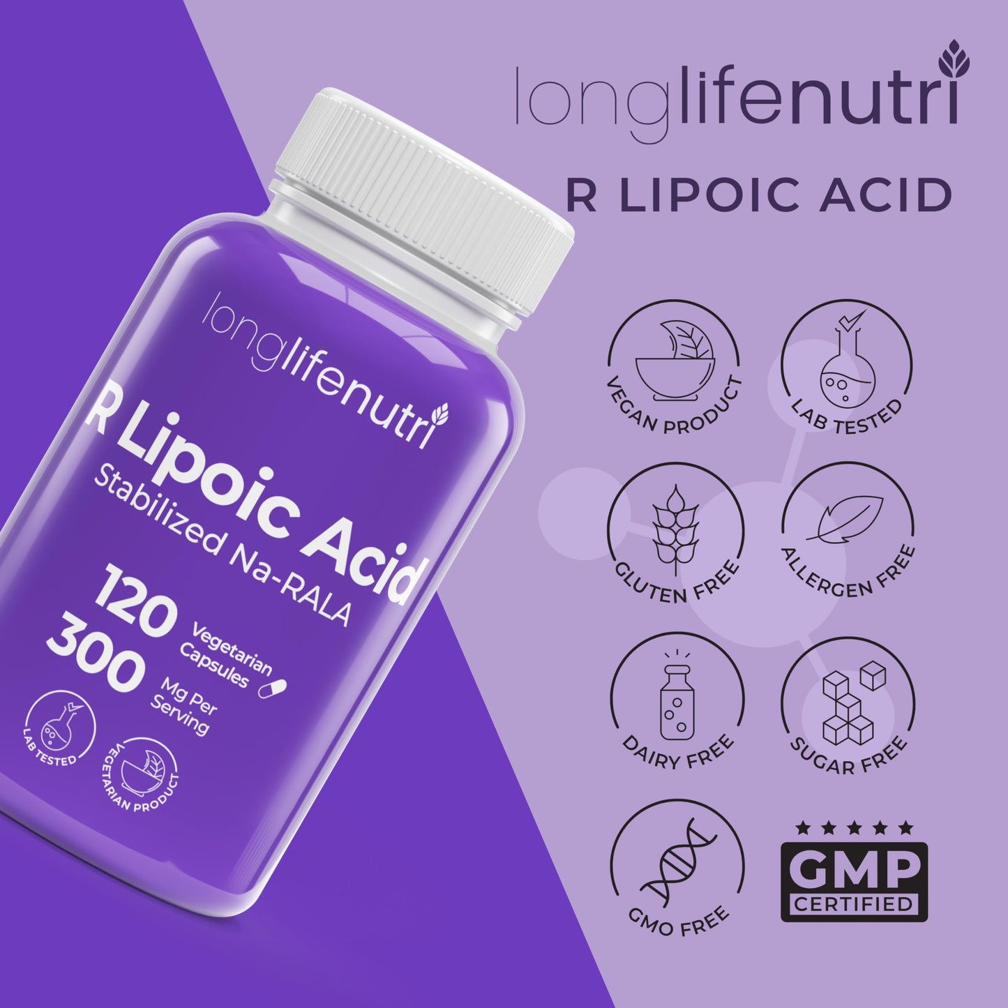 LongLifeNutri Stabilized R-Alpha Lipoic Acid 300mg High Potency Na-RALA Supplement for Cellular Energy & Metabolic Function, 120 Capsules