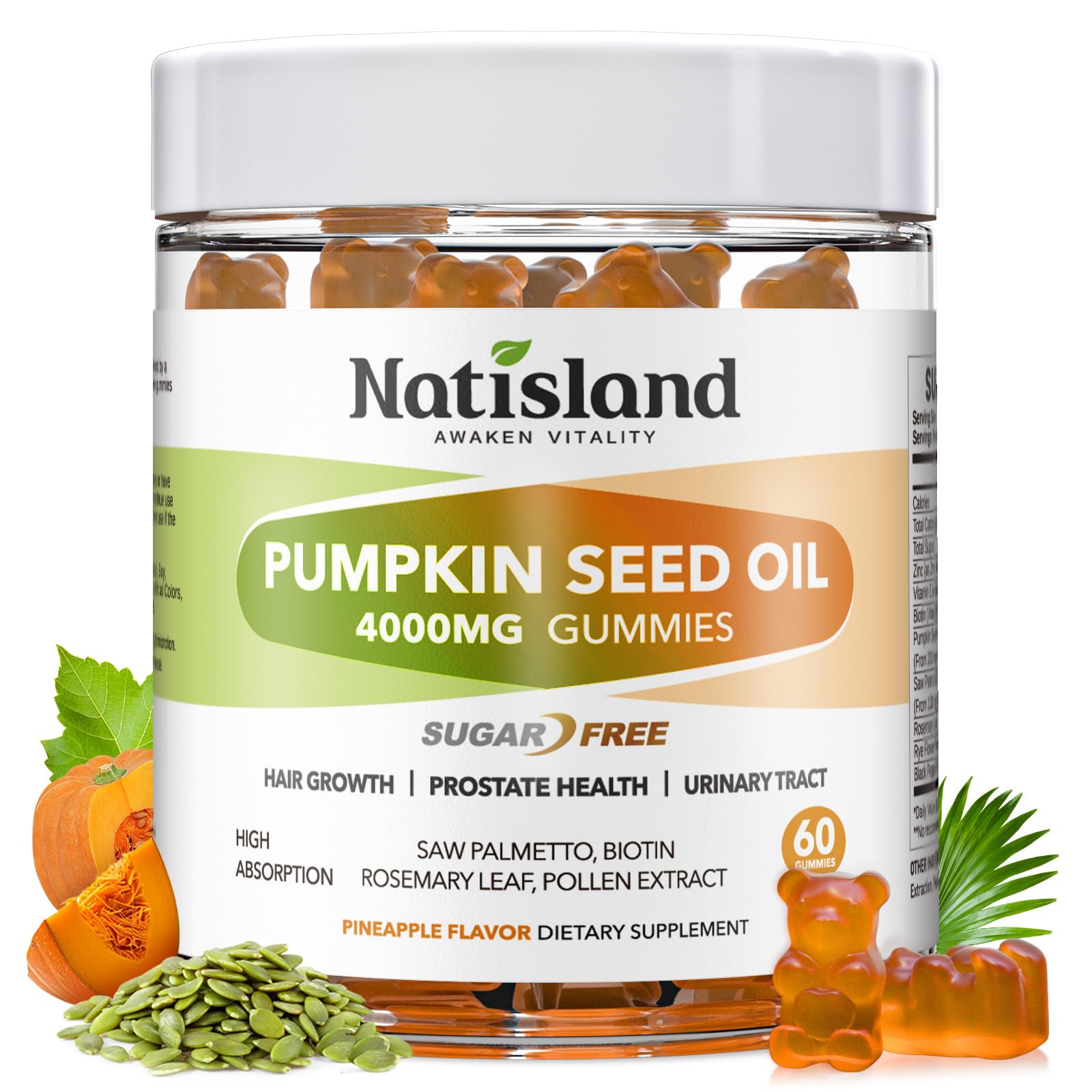 NATISLAND Pumpkin Seed Oil Gummies with Saw Palmetto, Cold-Pressed Pumpkin Seed Oil Supplement for Hair Growth, Prostate Health & Urinary Tract Support, Sugar Free, Vegan Pineapple Flavor, 60 Count
