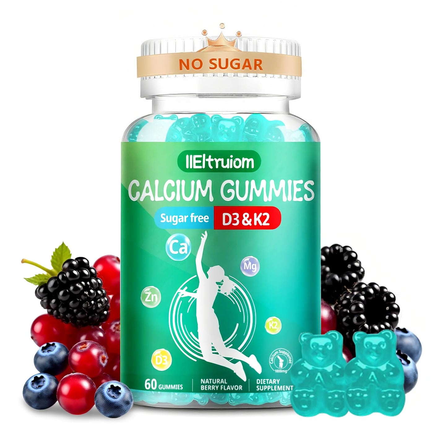 IIEltruiom Liposomal Calcium Citrate Gummies, 1000mg Calcium with Vitamin D3 & K2, for Kids & Teens, Sugar Free, 60 Gummies