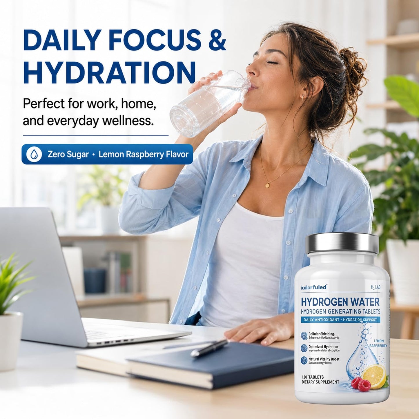icolorfuled Hydrogen Water Tablets - for Energy & Vitality, Supports Brain & Cognitive Health, 120 Tablets