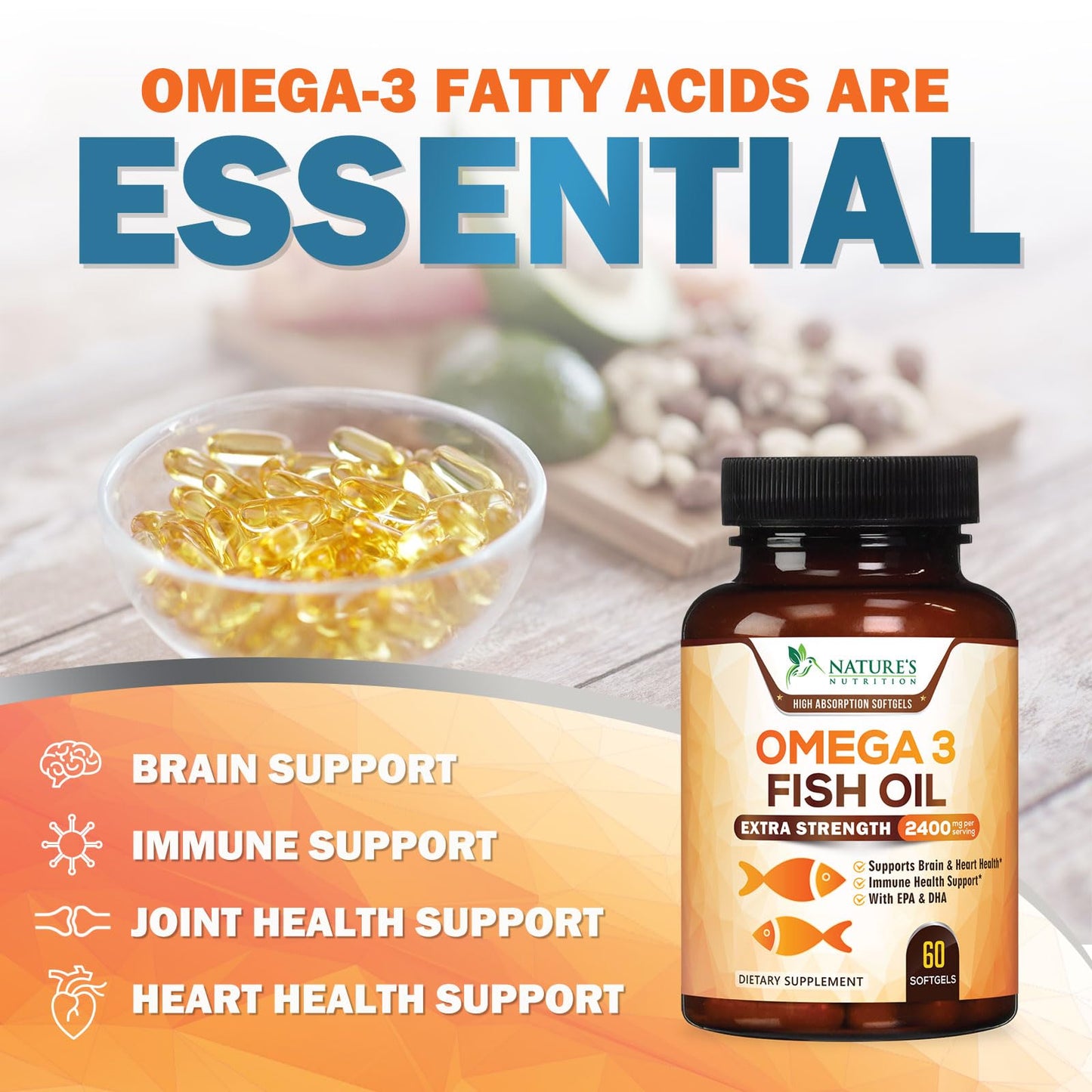 Nature's Nutrition Omega-3 Fish Oil Softgels 60 Count