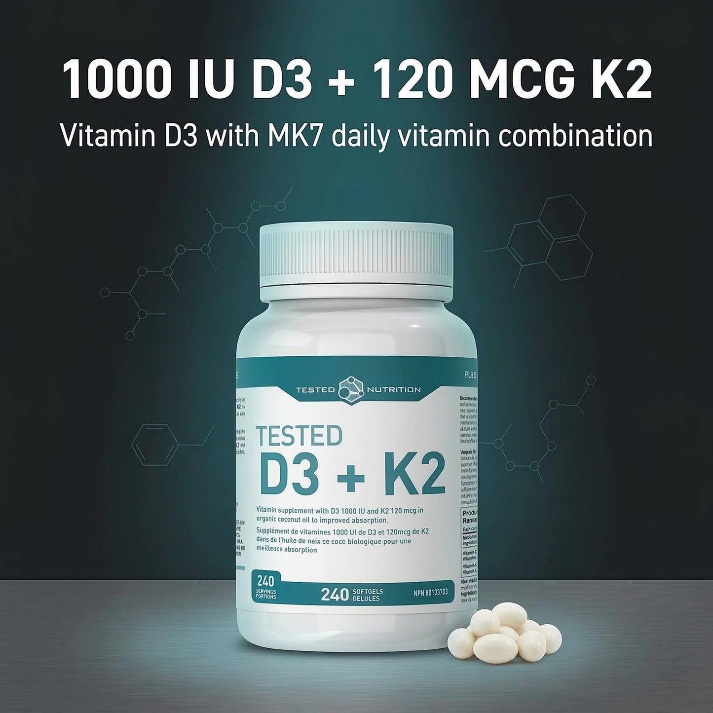 Tested Nutrition D3 + K2 Softgels, 240 Softgels