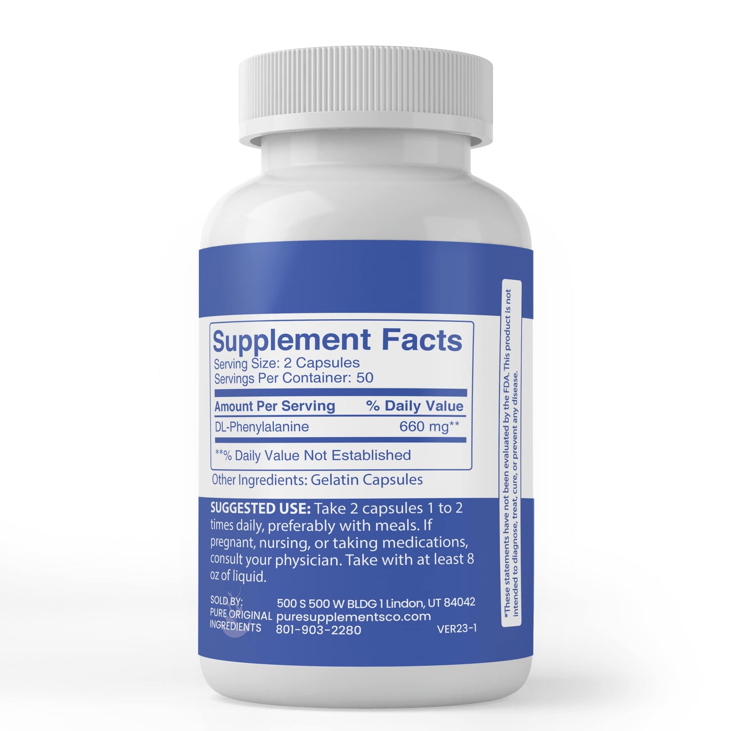 PURE ORIGINAL INGREDIENTS DLPA DL-Phenylalanine Capsules, 100 Capsules