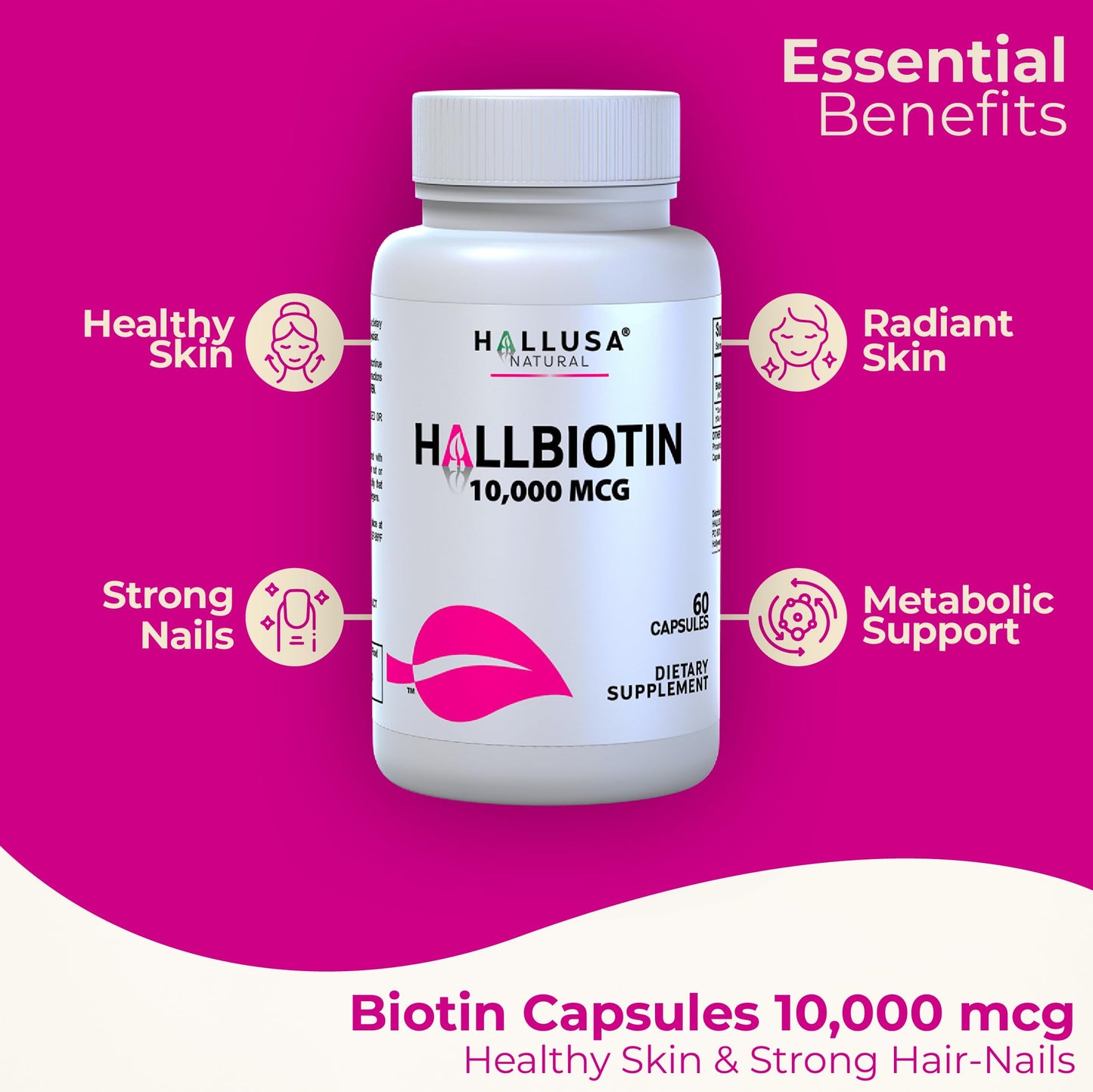 Hallusa Natural Biotin 10,000mcg Capsules, 60 Count