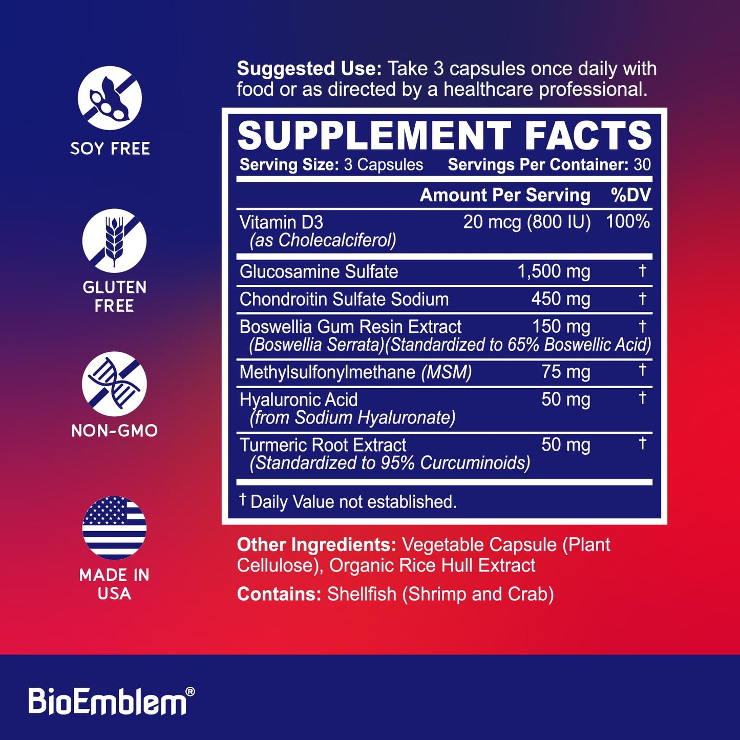 BioEmblem Glucosamine Sulfate 1500mg with Chondroitin & MSM Joint Support Supplement with Boswellia, Turmeric & Hyaluronic Acid, Non-GMO, 90 Capsules