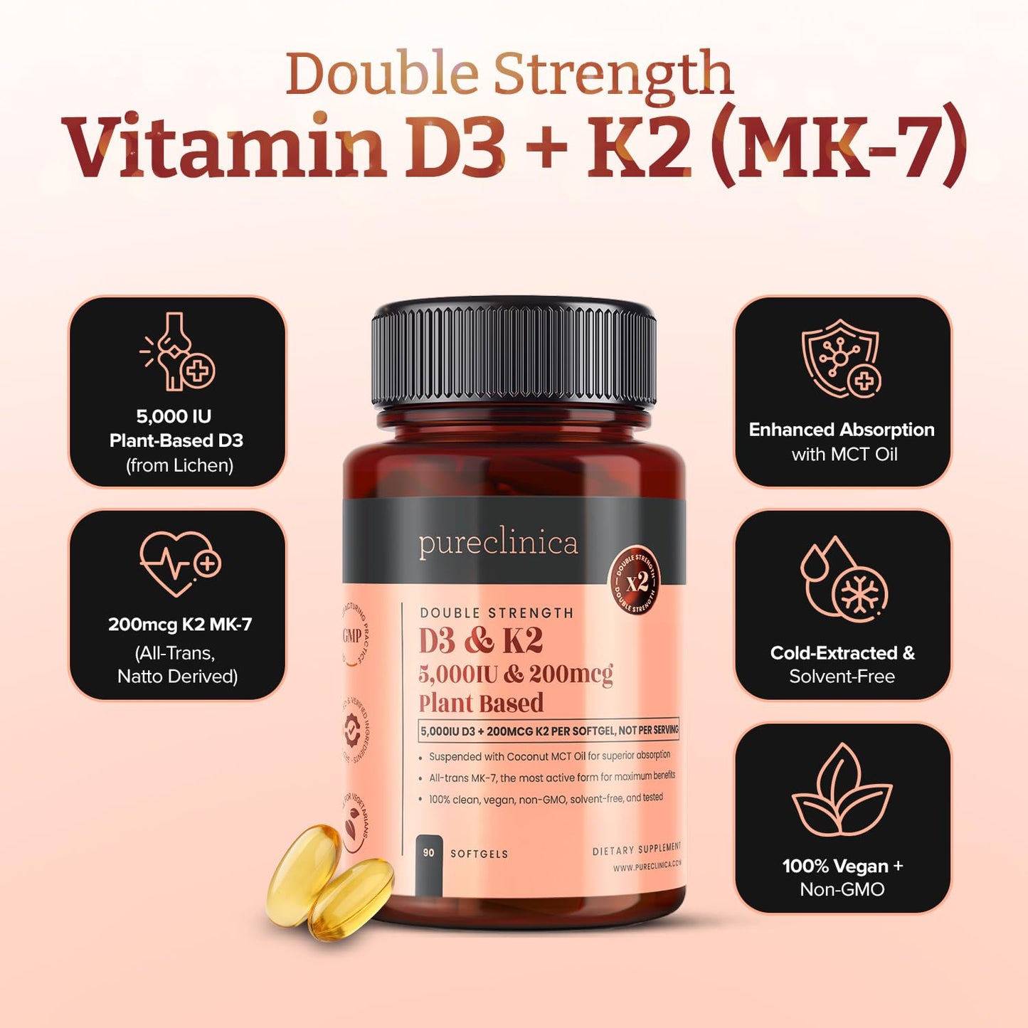 PureClinica Double Strength Vitamin D3 + K2 (MK-7) – 5,000 IU D3 + 200mcg K2 Softgels, 540 Count