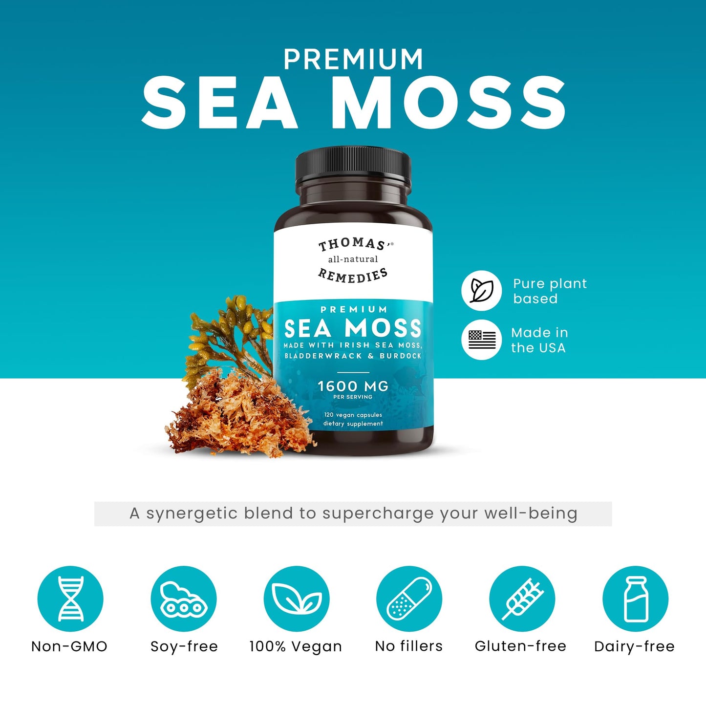 Thomas' all-natural Remedies Irish Sea Moss Capsules with Bladderwrack & Burdock Root Organic for Gut Health, Digestion, Energy & Immune Support, 120 Capsules