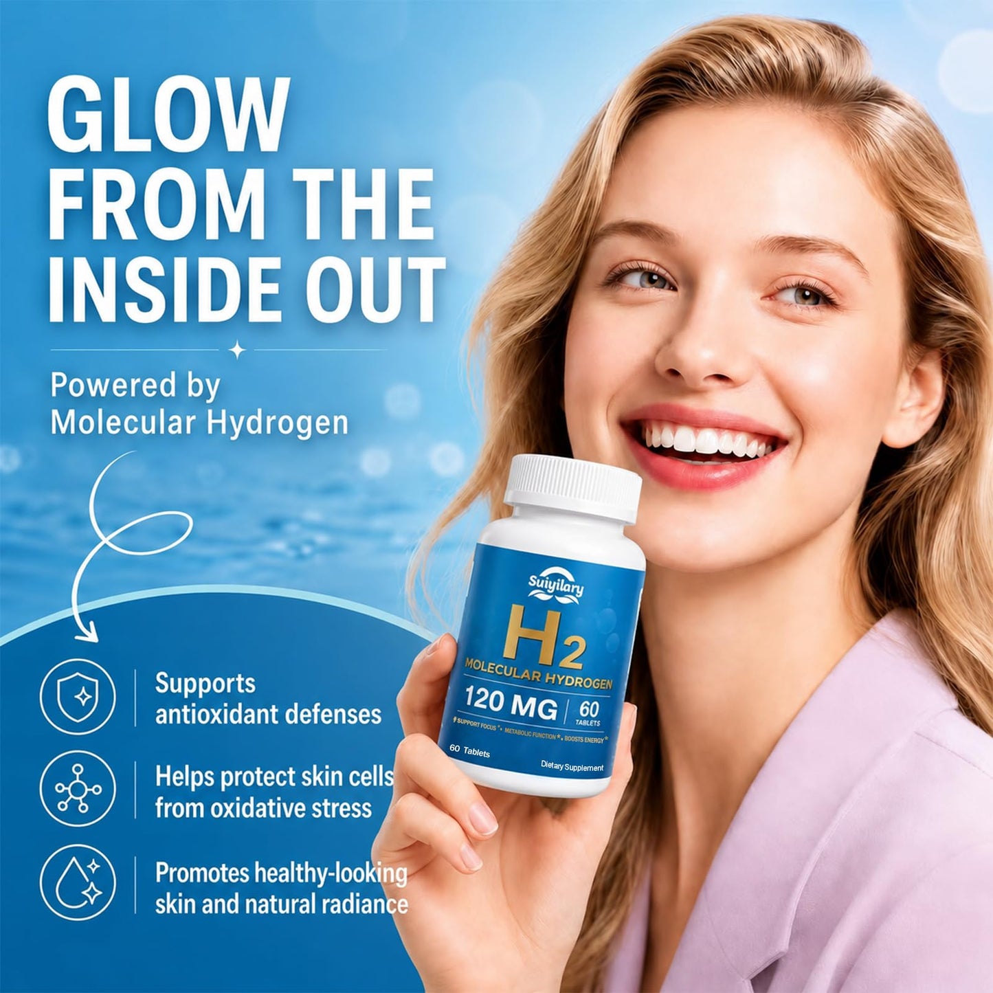 Suiyilary Hydrogen Water Tablets with 120mg Magnesium, H2 Molecular Hydrogen for Drinking Water, Rich in Antioxidants, Supports Cellular Health, Recovery, Immune & Brain Cognitive Function, 60 Tablets
