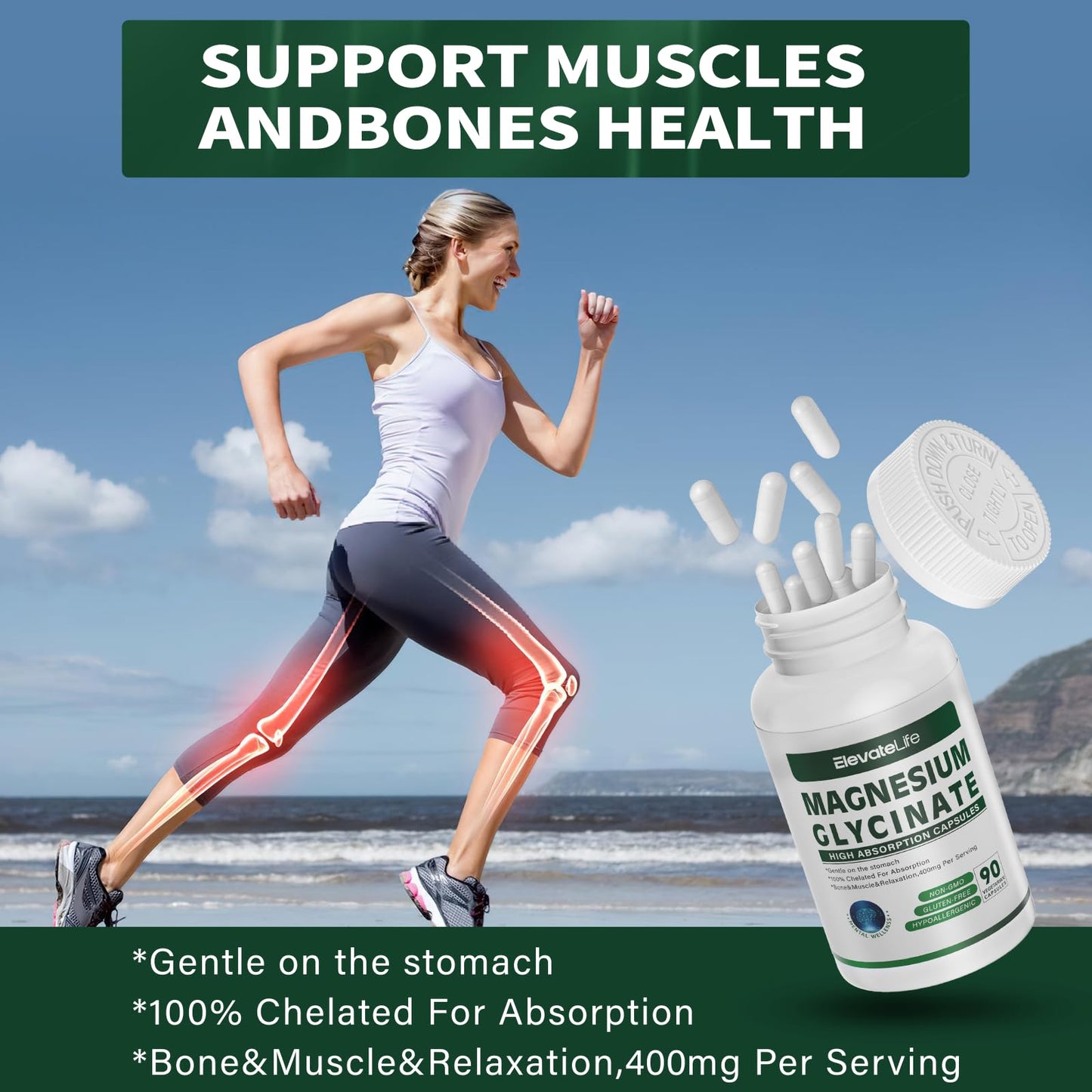 ElevateLife Magnesium Glycinate 400 mg Capsule, 90 Count