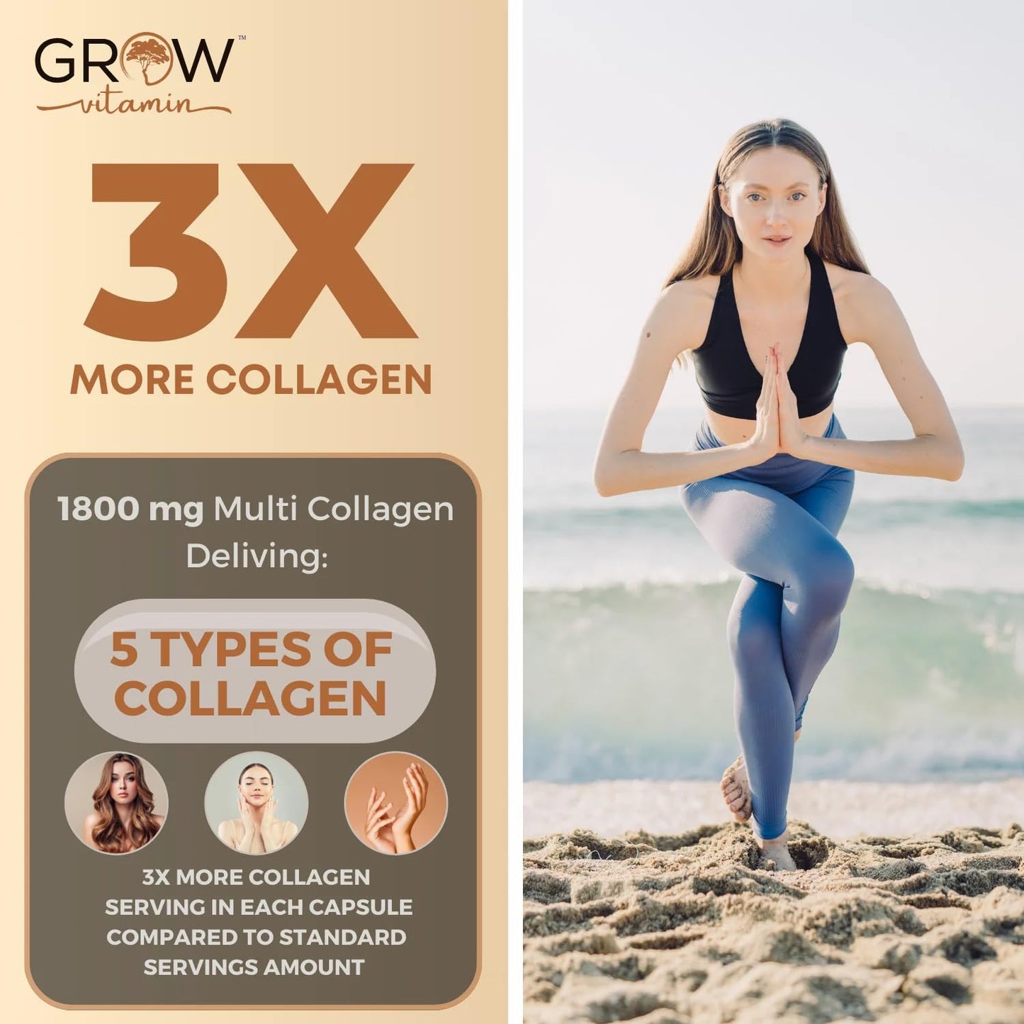 Grow Vitamin Multi Collagen Capsules 1800MG - Types I, II, III, V & X - Non-GMO Grass-Fed Collagen - Hair, Skin & Nails Support - 90 Capsules