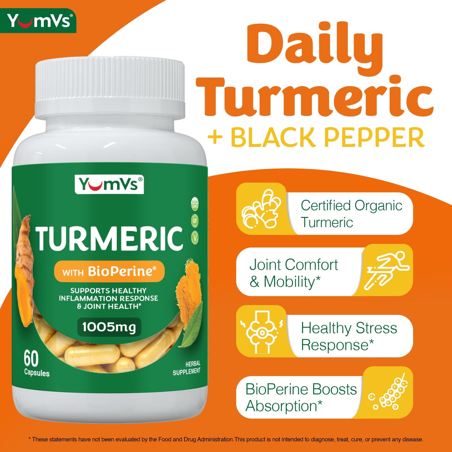 YUM-V'S Turmeric Curcumin Supplement with Black Pepper Capsule, 60 Count