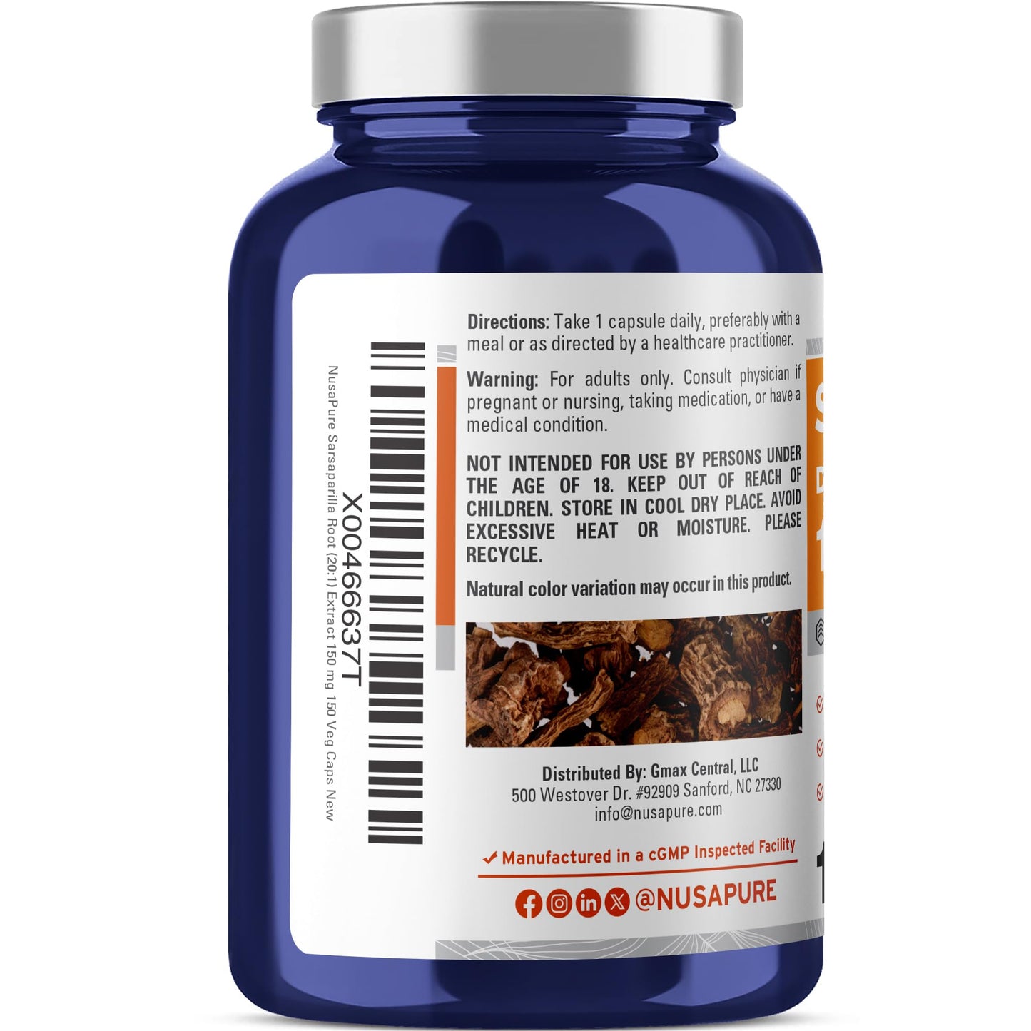 NusaPure Sarsaparilla Root Capsules, 150 Veg Capsules