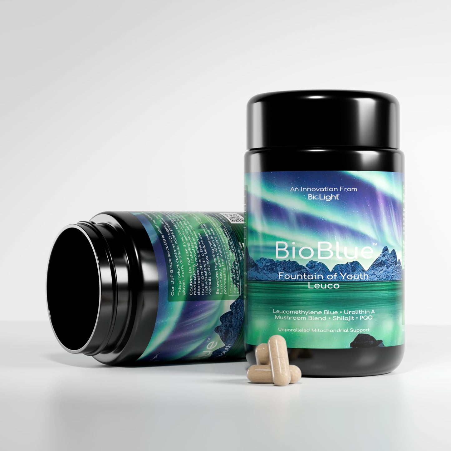 BIOLIGHT BioBlue Fountain of Youth Leuco – Leucomethylene Blue + Urolithin A + Mushroom Blend + Shilajit + PQQ | Lion's Mane, Cordyceps & Chaga | Mitochondrial Support, Cognitive & Cellular Energy, Longevity, 120 Capsules