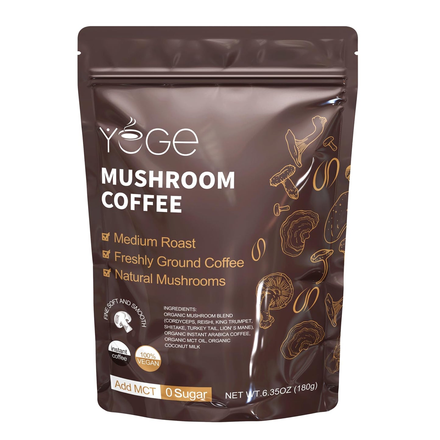 YEGE Mushroom Coffee Powder 6.35 oz with Cordyceps, Reishi, King Trumpet, Shiitake, Turkey Tail & Lions Mane