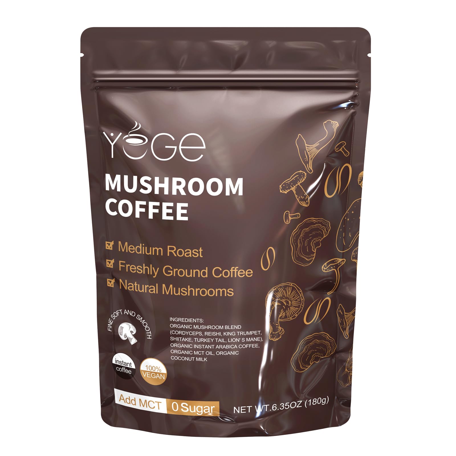 YEGE Mushroom Coffee Powder 6.35 oz with Cordyceps, Reishi, King Trumpet, Shiitake, Turkey Tail & Lions Mane