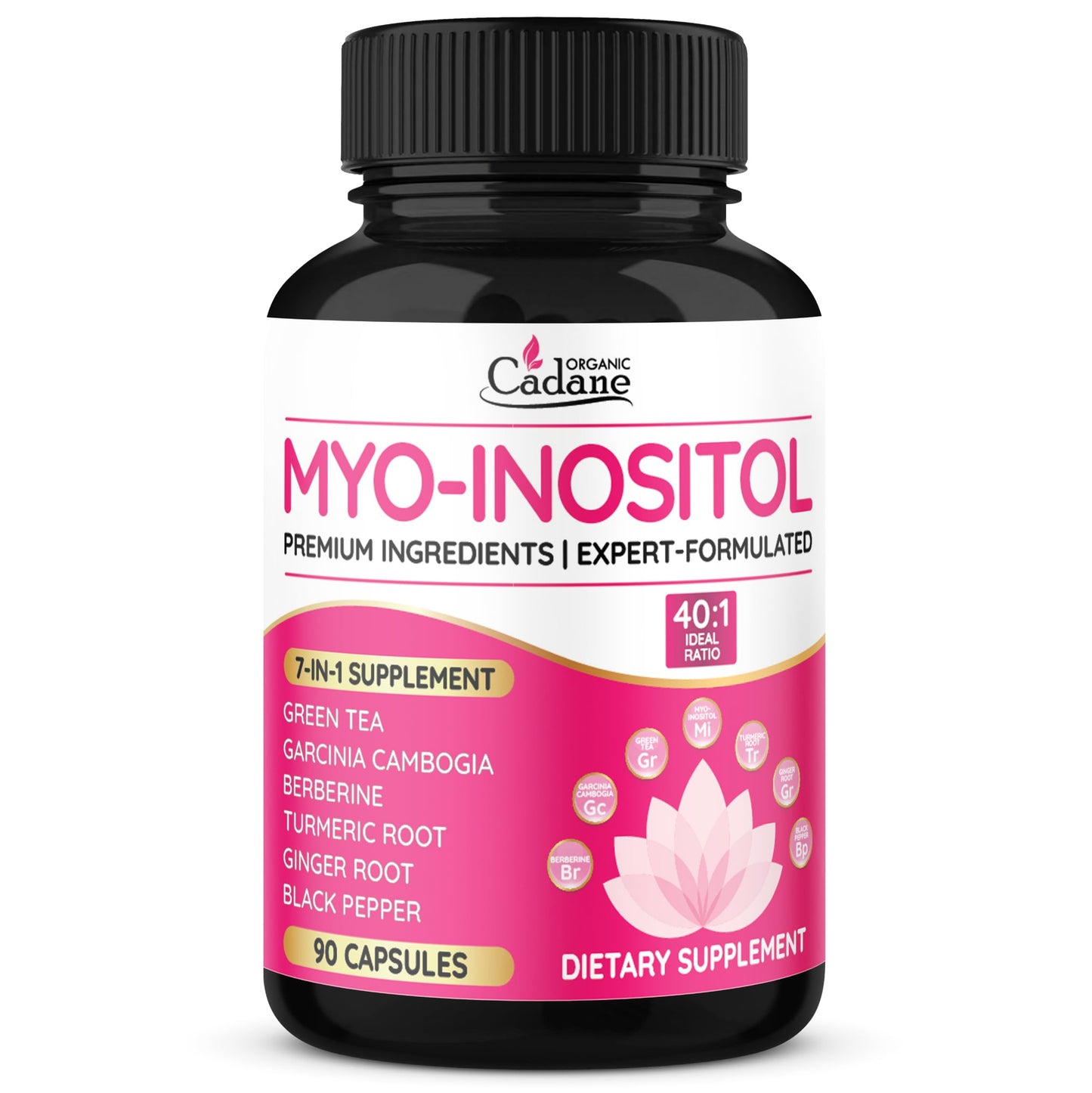 Organic Cadane Myo Inositol & Green Tea Capsules with Garcinia Cambogia, Berberine, Turmeric, Ginger, and Black Pepper, Vegan, Non-GMO, 90 Capsules