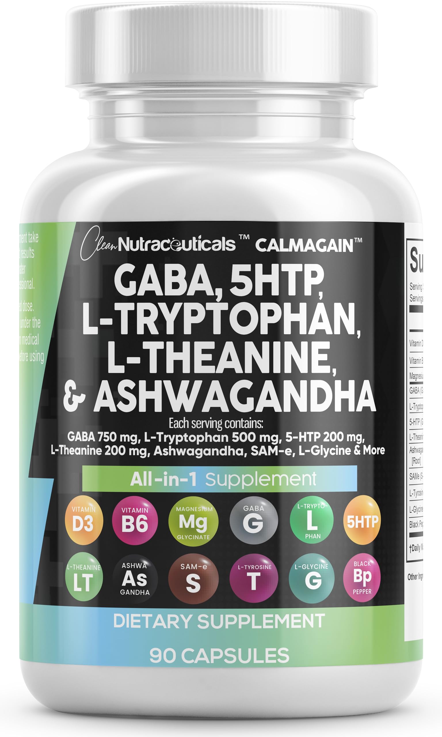 Clean Nutraceuticals GABA 750mg 5-HTP 200mg L-Tryptophan 500mg L-Theanine 200mg Ashwagandha SAM-e L-Glycine Mood Support Capsules 90 Count
