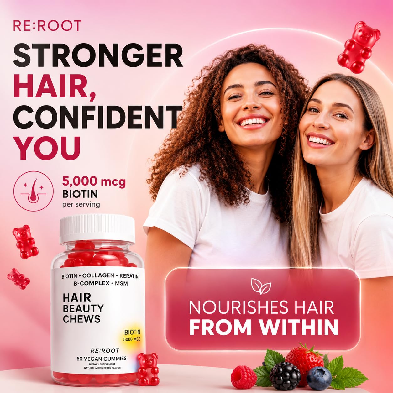 RE:ROOT Hair Growth Gummies – 5,000 mcg Biotin with Collagen, Keratin & MSM – Hair, Skin & Nails Support – 60 Gummies