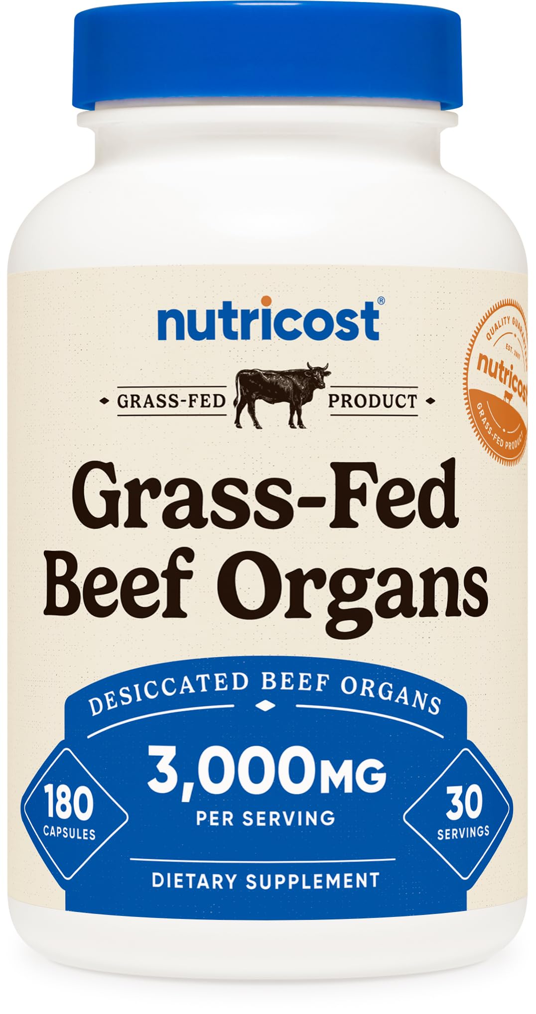 Nutricost Grass Fed Beef Organs Supplement Capsules 180 Count