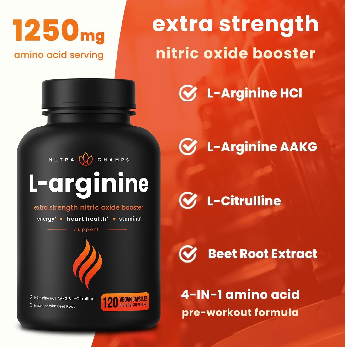 NutraChamps L-Arginine Supplement with L-Citrulline & Beet Root Capsules, 120 Count