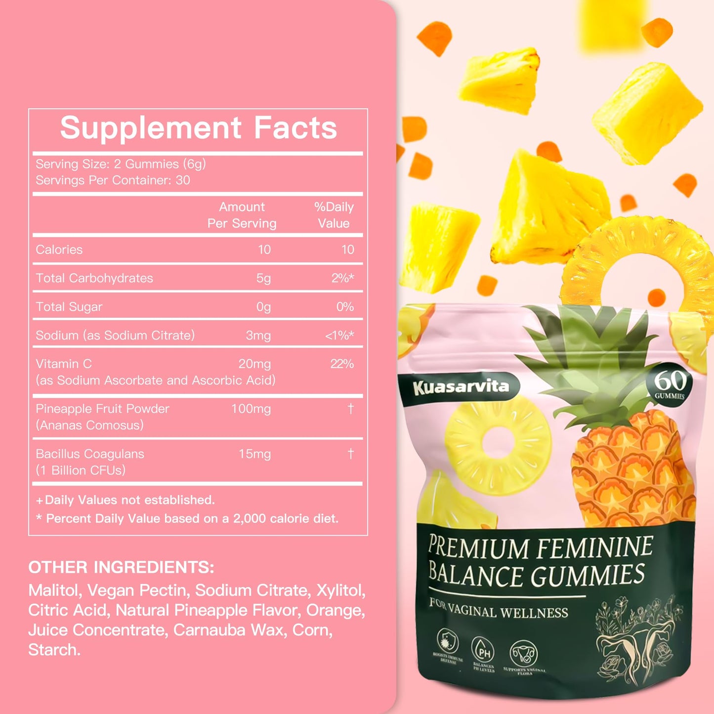 Kuasarvita Premium Feminine Balance Gummies for Women, Vaginal Probiotics, PH Balance, Pineapple Flavor, 60 Gummies