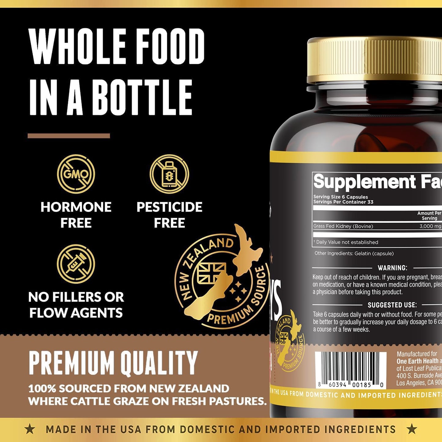 One Earth Health Grass Fed Beef Kidney Supplement Capsule 200 Count
