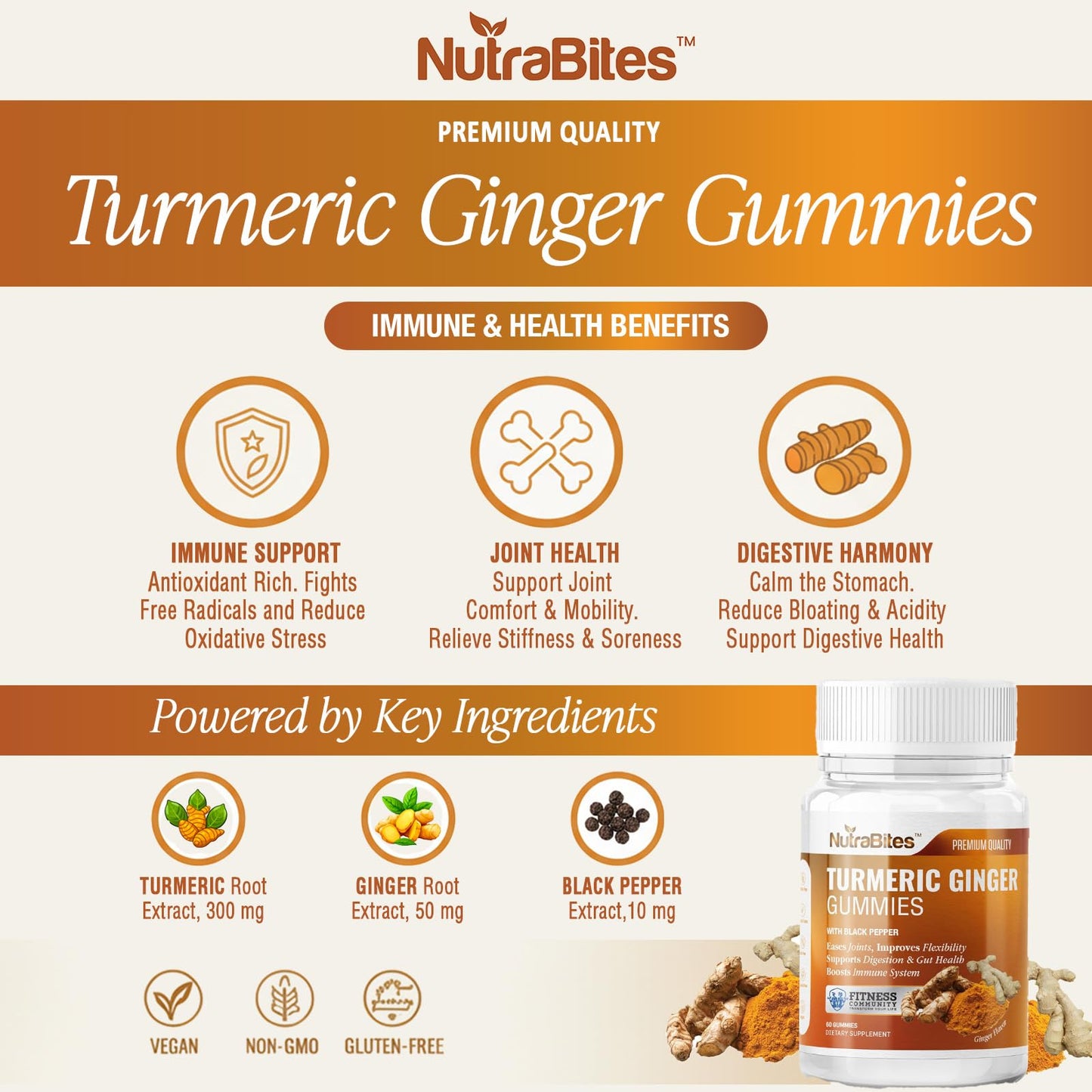 NutraBites Turmeric Ginger Gummies 60 Count
