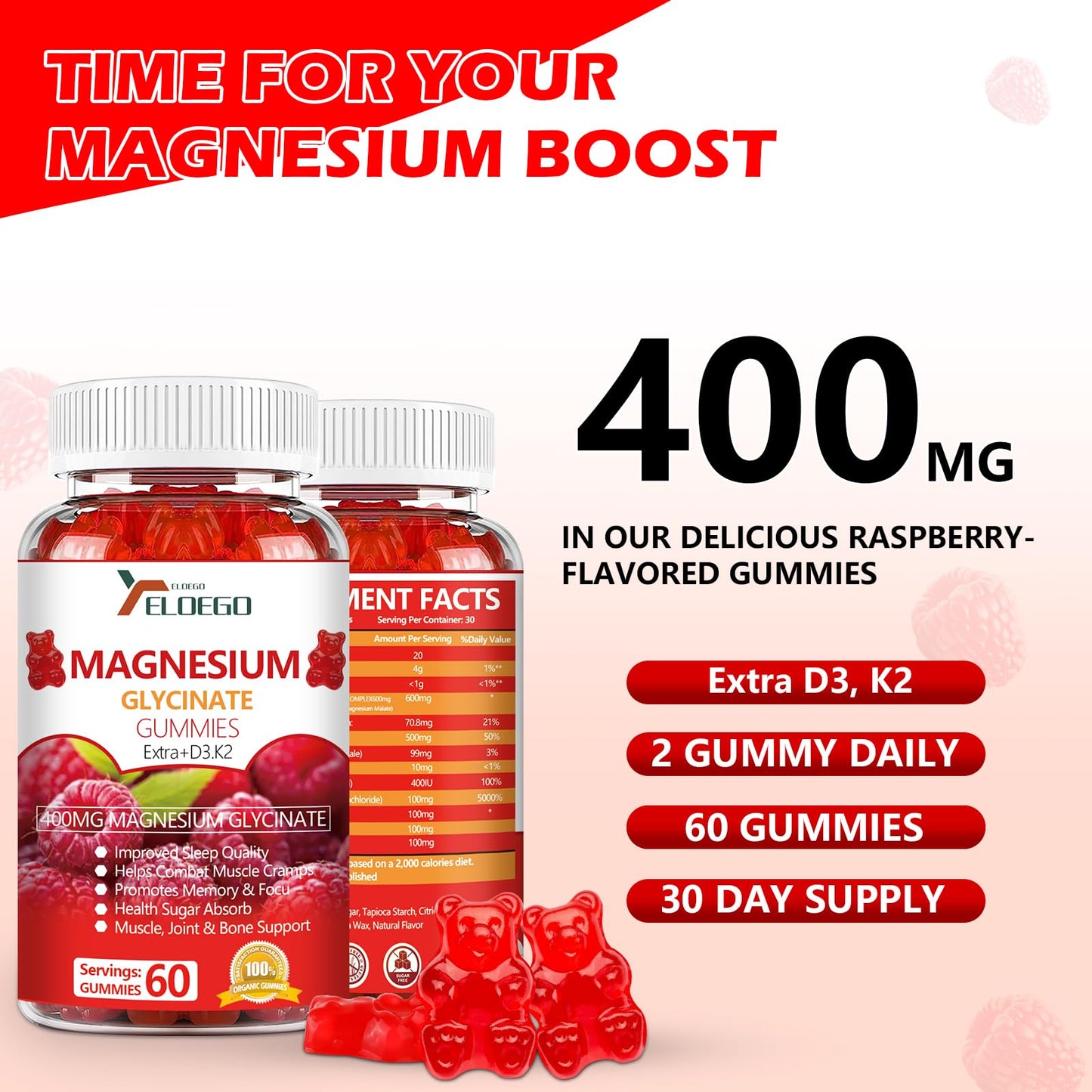 ELOEGO Magnesium Glycinate Gummies 600mg, 60 Count