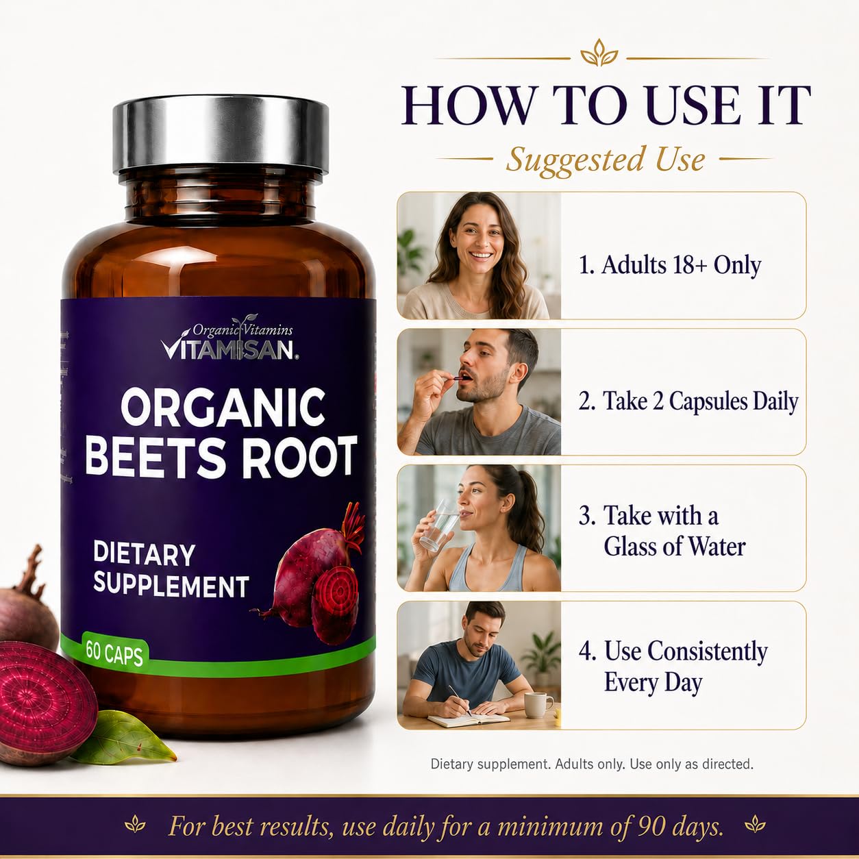 VITAMISAN Organic Super Powder Beet Root 8000 – Nitric Oxide Support with 20:1 Beet Extract, Grape Seed, Collagen & Magnesium – Non-GMO, Gluten Free Beetroot Powder Capsules, 60 Count
