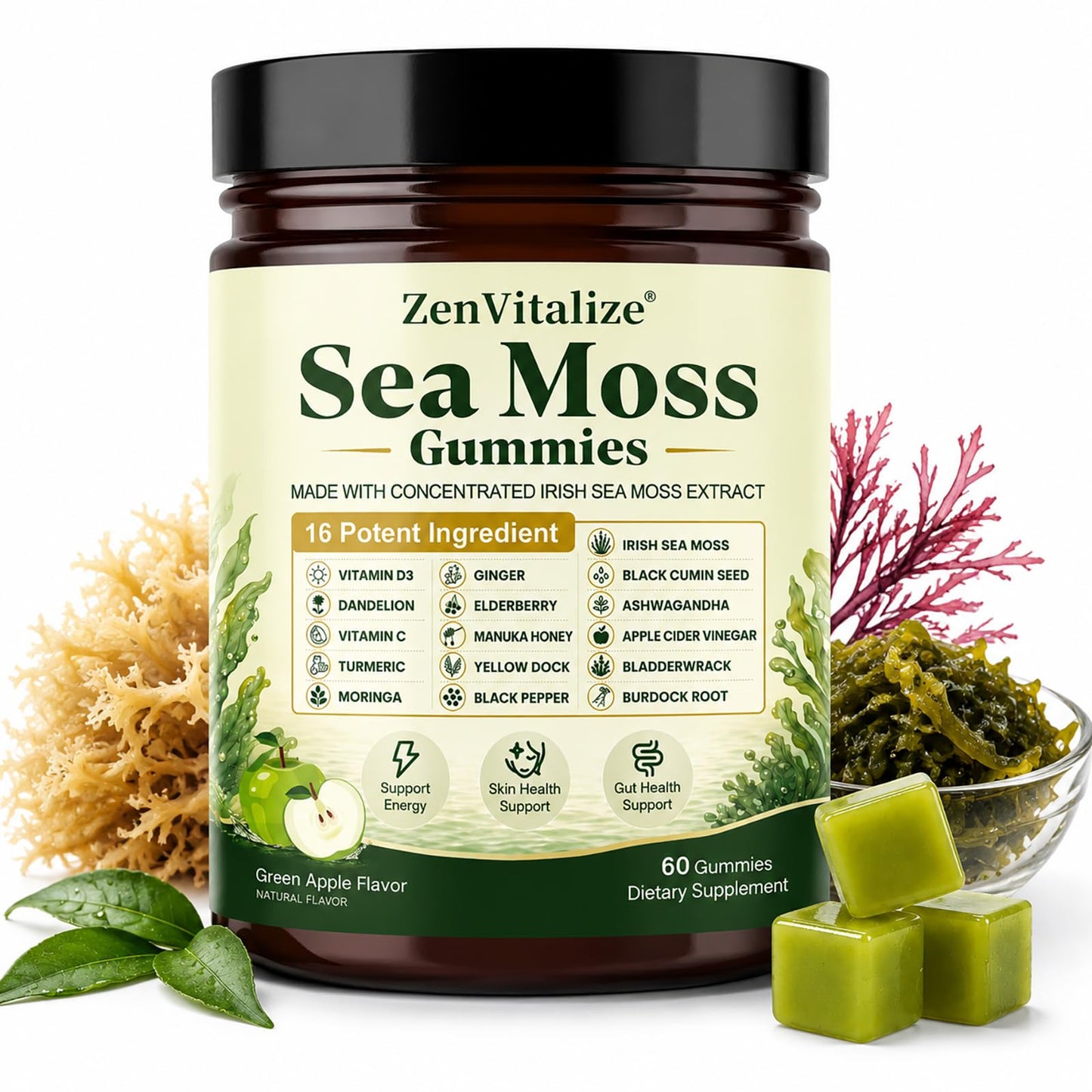 ZenVitalize Sea Moss Gummies 16-in-1 Gummy, 60 Count