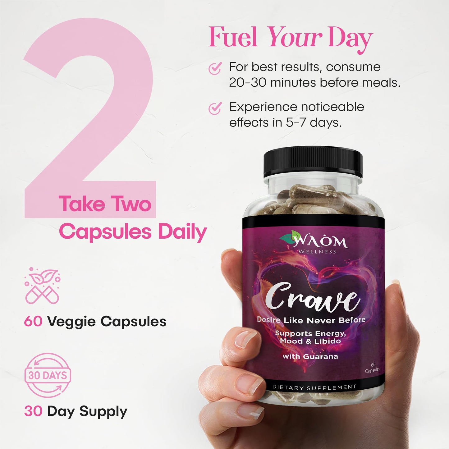 Waòm Wellness Crave Women’s Desire Booster with Maca, Ashwagandha & L-Theanine – Natural Energy, Mood & Hormone Balance Support, 60 Capsules