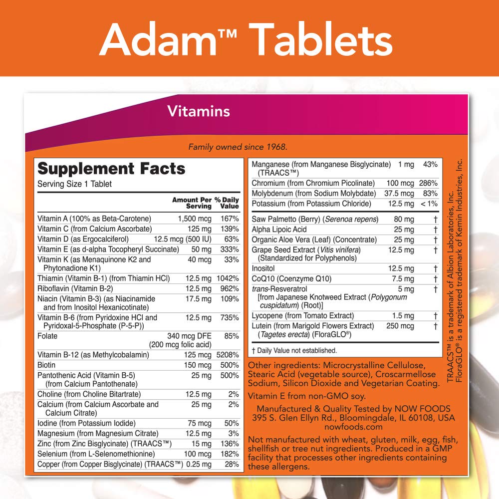 NOW Foods Adam Men's Multivitamin Tablet, 120 Count