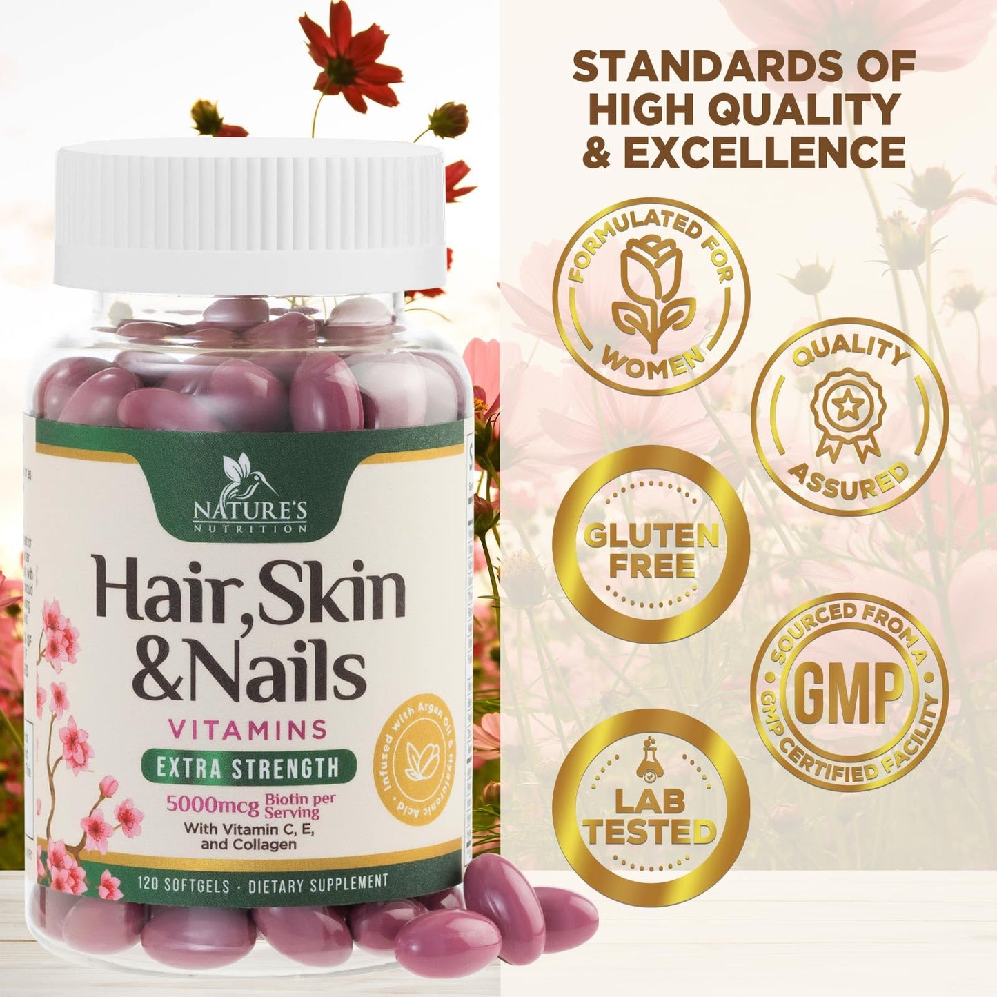Nature's Nutrition Hair, Skin & Nails Biotin 5000mcg Softgels 120 Count