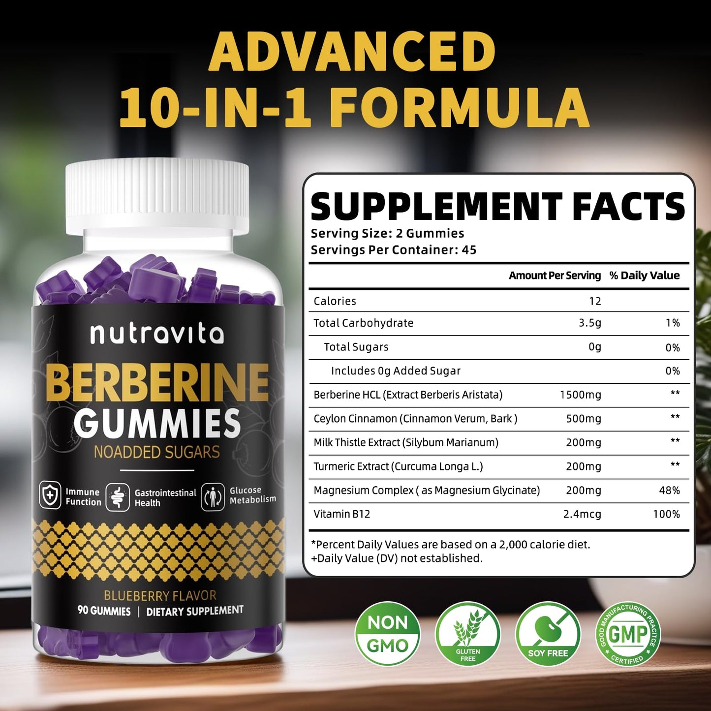 Nutravita Berberine Gummies with Ceylon Cinnamon 1500mg High Potency Berberine HCL, Sugar Free Organic Blueberry Flavor, 180 Gummies