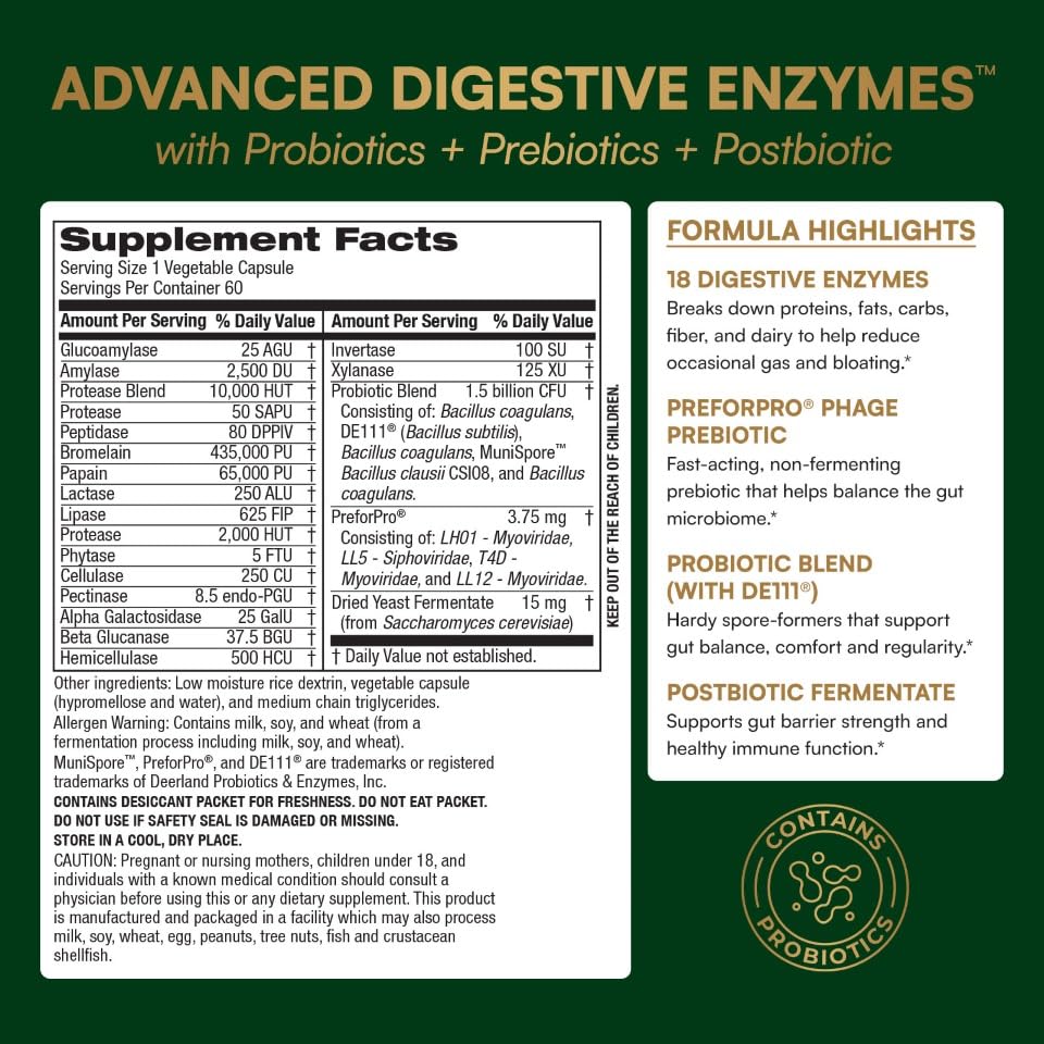 Purity Products Advanced Digestive Enzymes with Probiotics & Prebiotics – Digestive Health Supplement for Bloating, Gas Relief & Gut Support – Plant-Based Enzymes + 1.5B CFUs, 60 Veggie Capsules