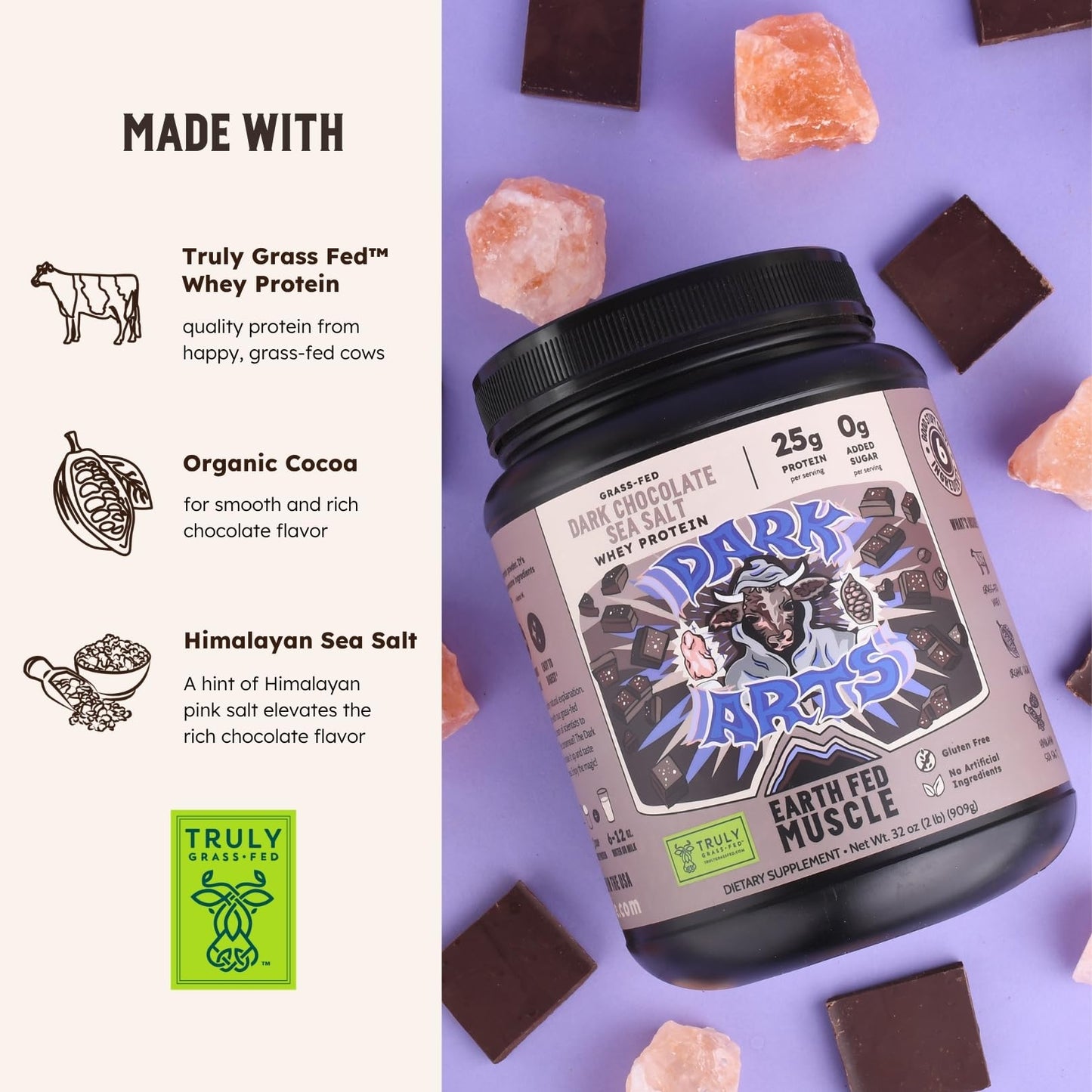 Earth Fed Muscle Dark Arts Salted Dark Chocolate Whey Protein Isolate Protein Powder, 32 Servings