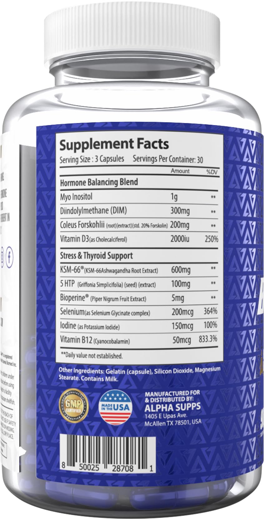 Alpha Supps Alpha Balance Hormonal and Healthy Stress Level Support with Inositol and Ashwagandha 90 Capsules
