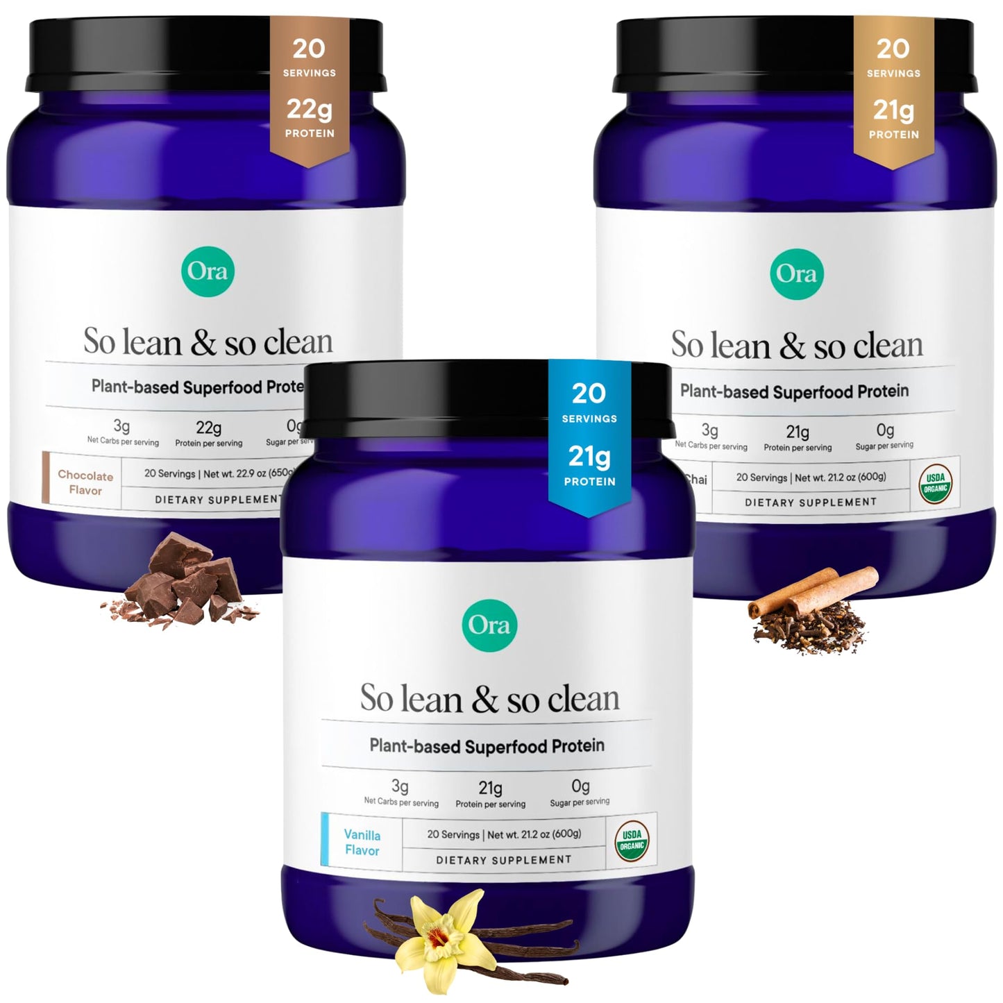 Ora Organic Protein Powder Vanilla, Chocolate & Vanilla Chai Bundle, 2 Pack