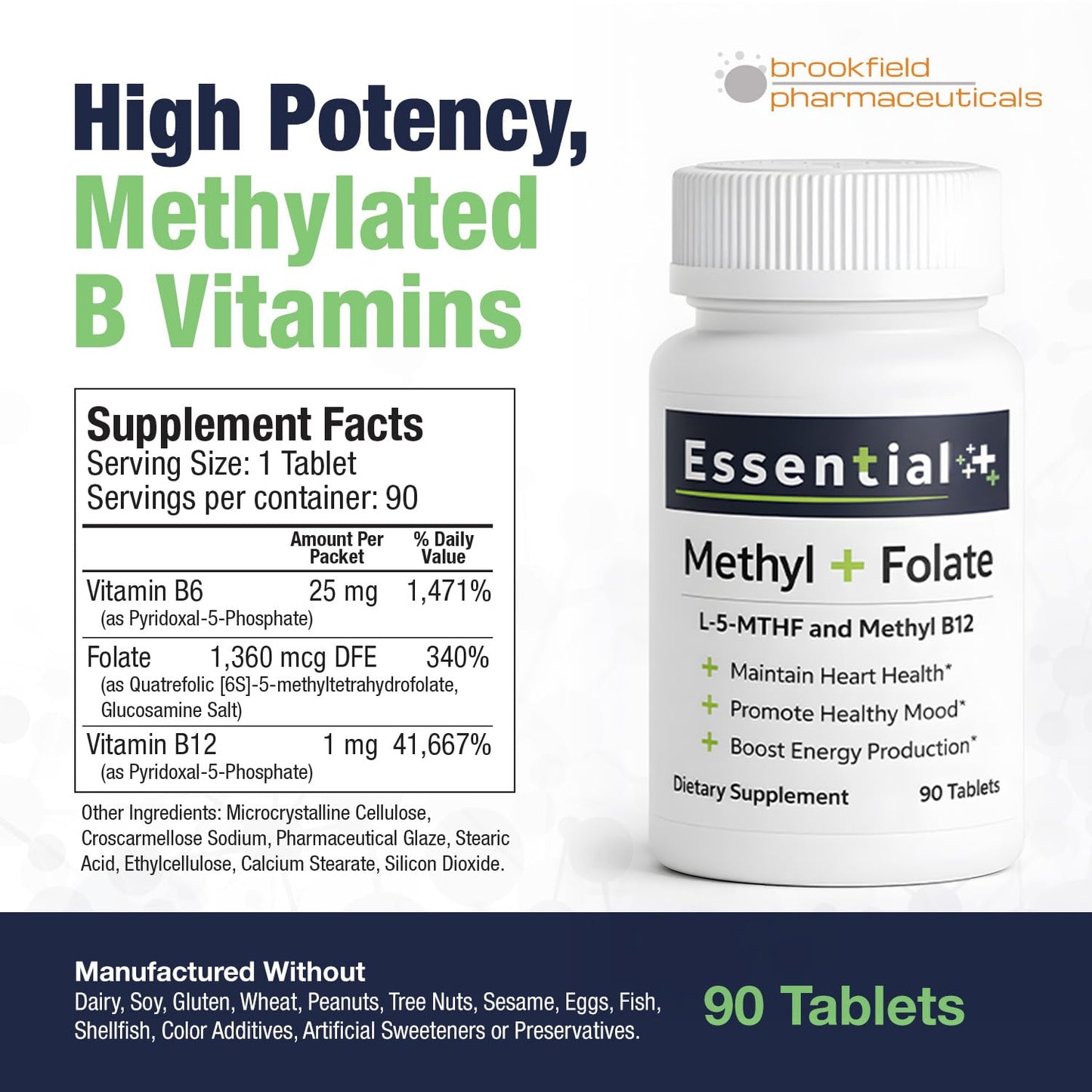 Brookfield Pharmaceuticals Pure L-Methylfolate Tablets with 5-MTHF, 1,360 mcg L-Methylfolate, 90 Tablets