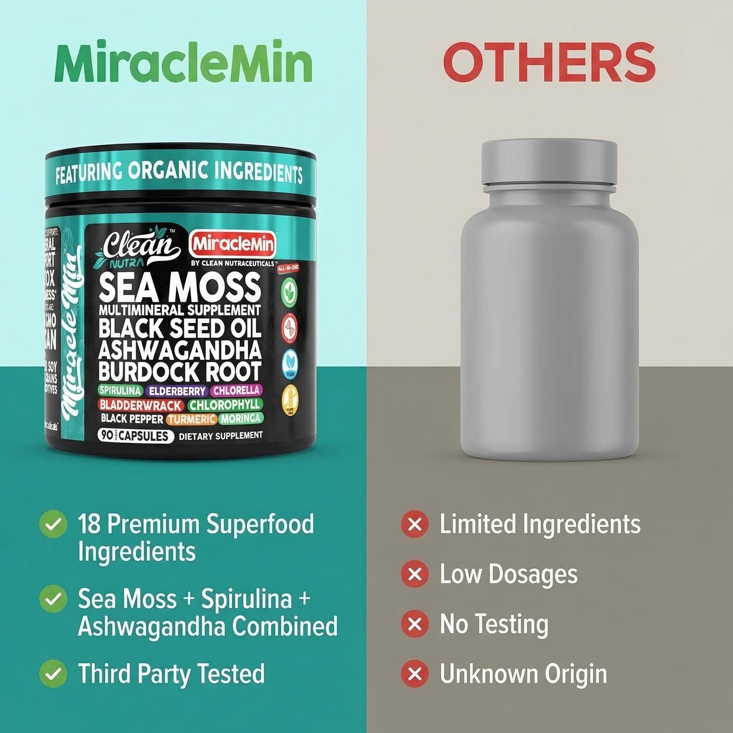 Clean Nutraceuticals Organic Sea Moss Capsules with Ashwagandha, Black Seed Oil, Burdock Root, Bladderwrack, Moringa, Chlorella, Spirulina, Turmeric, Elderberry, Amla, 90 Capsules
