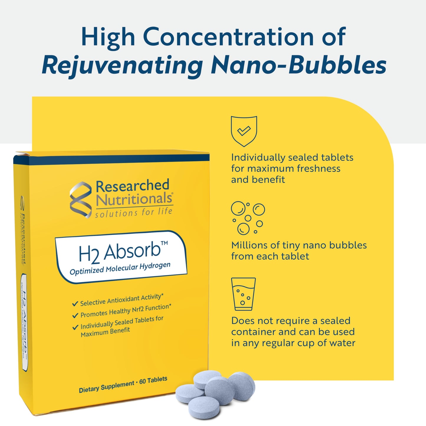 Researched Nutritionals H2 Absorb Molecular Hydrogen Tablets, 60 Tablets