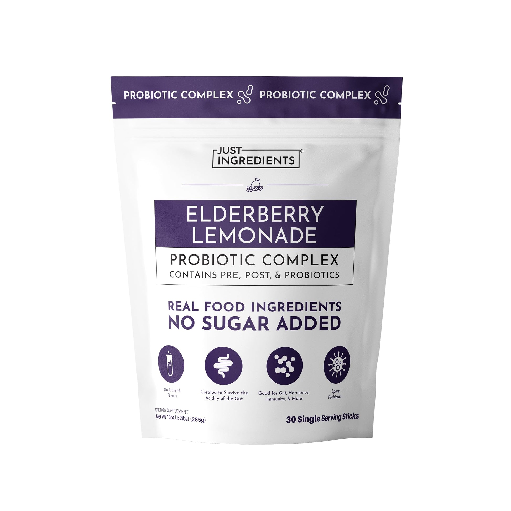 JUST INGREDIENTS Elderberry Lemonade 3-in-1 Probiotic Complex - Prebiotics, Probiotics & Postbiotics Powder 5.4 oz