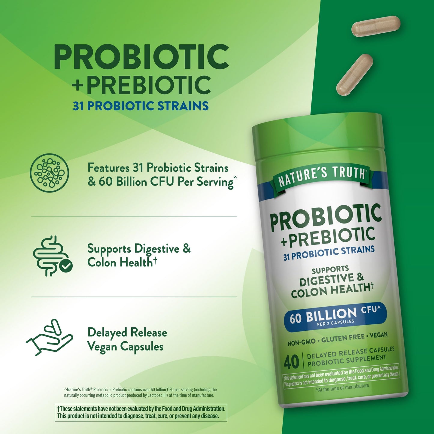 Nature's Truth Probiotic & Prebiotic Capsule 60 Billion CFU, 40 Capsules